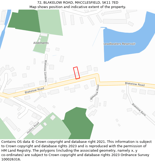 72, BLAKELOW ROAD, MACCLESFIELD, SK11 7ED: Location map and indicative extent of plot