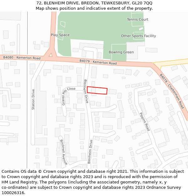 72, BLENHEIM DRIVE, BREDON, TEWKESBURY, GL20 7QQ: Location map and indicative extent of plot