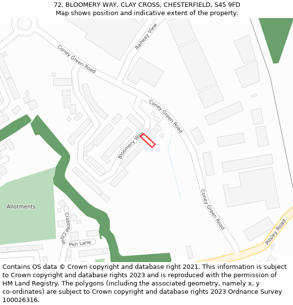 72, BLOOMERY WAY, CLAY CROSS, CHESTERFIELD, S45 9FD: Location map and indicative extent of plot