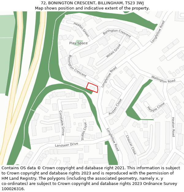 72, BONINGTON CRESCENT, BILLINGHAM, TS23 3WJ: Location map and indicative extent of plot