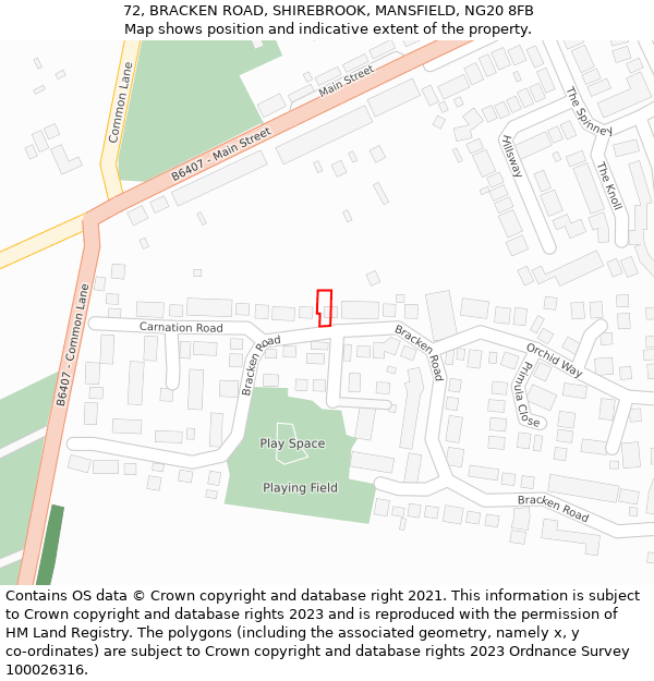 72, BRACKEN ROAD, SHIREBROOK, MANSFIELD, NG20 8FB: Location map and indicative extent of plot