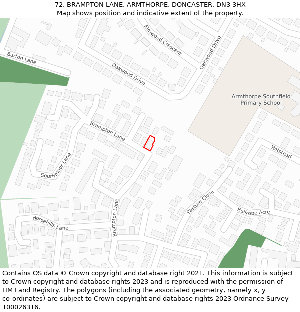 72, BRAMPTON LANE, ARMTHORPE, DONCASTER, DN3 3HX: Location map and indicative extent of plot