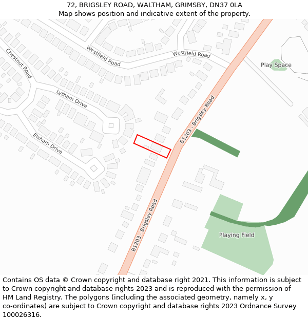 72, BRIGSLEY ROAD, WALTHAM, GRIMSBY, DN37 0LA: Location map and indicative extent of plot