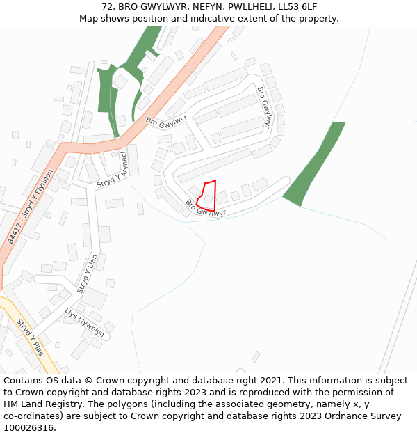72, BRO GWYLWYR, NEFYN, PWLLHELI, LL53 6LF: Location map and indicative extent of plot