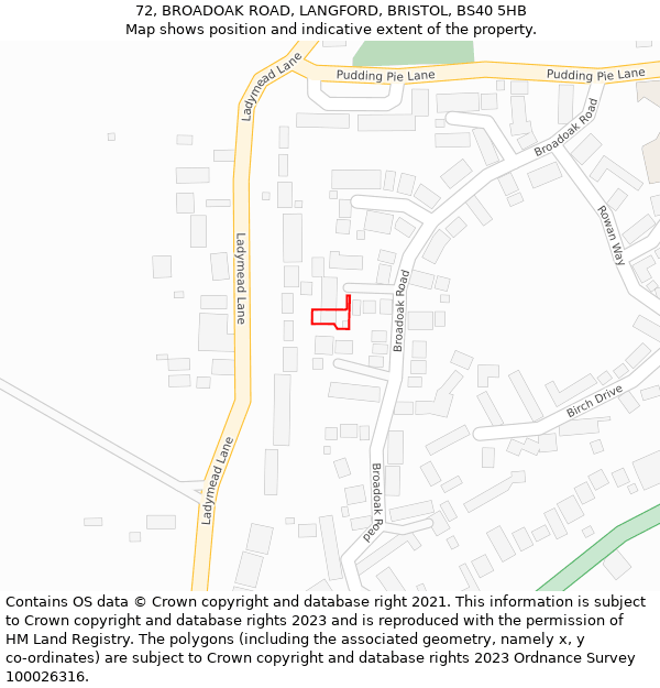 72, BROADOAK ROAD, LANGFORD, BRISTOL, BS40 5HB: Location map and indicative extent of plot