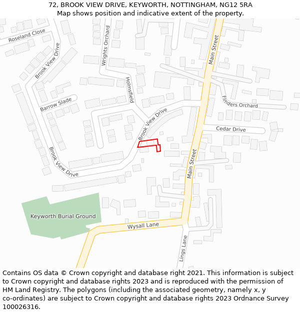 72, BROOK VIEW DRIVE, KEYWORTH, NOTTINGHAM, NG12 5RA: Location map and indicative extent of plot