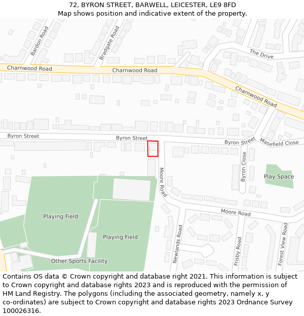 72, BYRON STREET, BARWELL, LEICESTER, LE9 8FD: Location map and indicative extent of plot