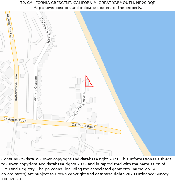 72, CALIFORNIA CRESCENT, CALIFORNIA, GREAT YARMOUTH, NR29 3QP: Location map and indicative extent of plot