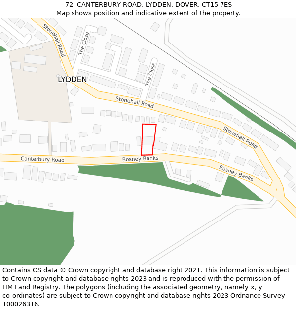 72, CANTERBURY ROAD, LYDDEN, DOVER, CT15 7ES: Location map and indicative extent of plot