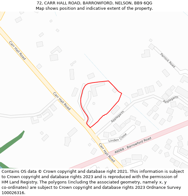 72, CARR HALL ROAD, BARROWFORD, NELSON, BB9 6QG: Location map and indicative extent of plot