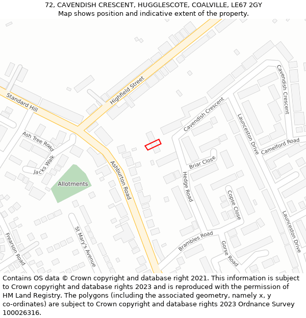 72, CAVENDISH CRESCENT, HUGGLESCOTE, COALVILLE, LE67 2GY: Location map and indicative extent of plot