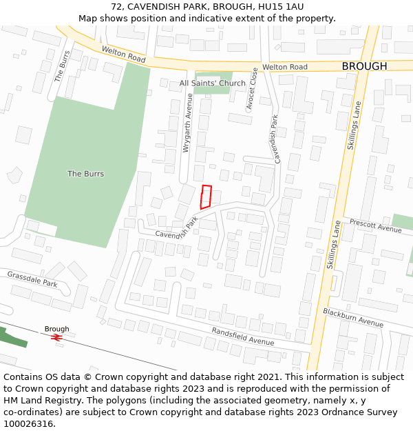72, CAVENDISH PARK, BROUGH, HU15 1AU: Location map and indicative extent of plot
