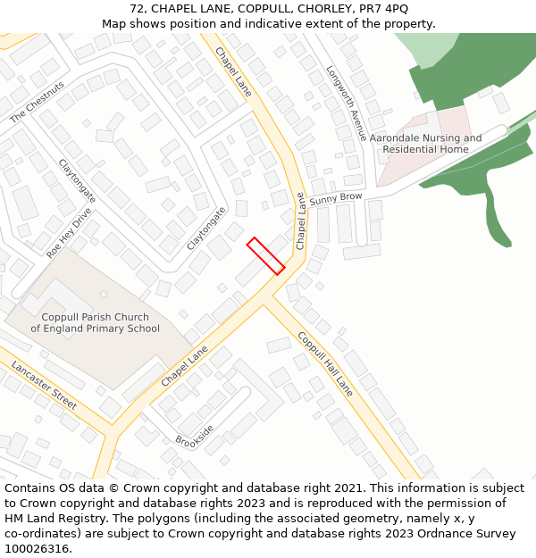 72, CHAPEL LANE, COPPULL, CHORLEY, PR7 4PQ: Location map and indicative extent of plot