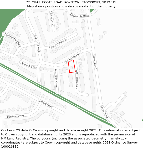 72, CHARLECOTE ROAD, POYNTON, STOCKPORT, SK12 1DL: Location map and indicative extent of plot