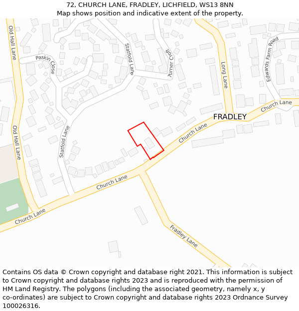 72, CHURCH LANE, FRADLEY, LICHFIELD, WS13 8NN: Location map and indicative extent of plot