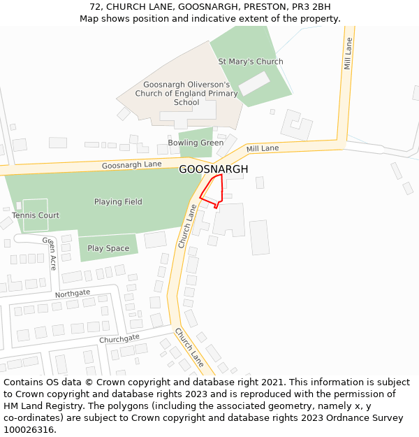 72, CHURCH LANE, GOOSNARGH, PRESTON, PR3 2BH: Location map and indicative extent of plot