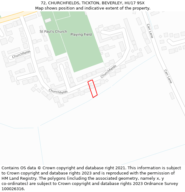 72, CHURCHFIELDS, TICKTON, BEVERLEY, HU17 9SX: Location map and indicative extent of plot