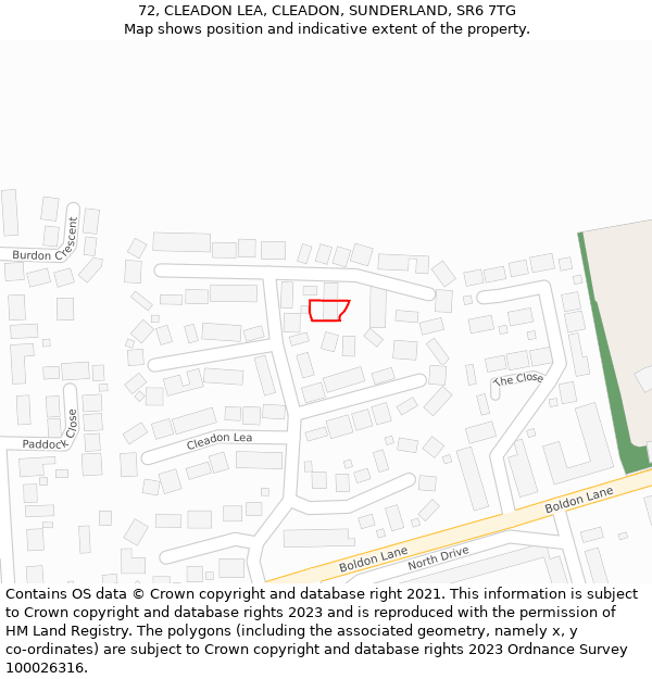 72, CLEADON LEA, CLEADON, SUNDERLAND, SR6 7TG: Location map and indicative extent of plot