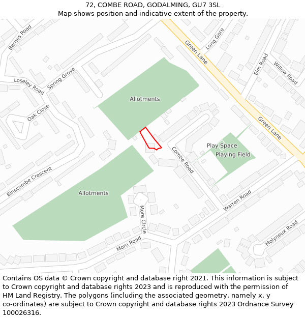72, COMBE ROAD, GODALMING, GU7 3SL: Location map and indicative extent of plot