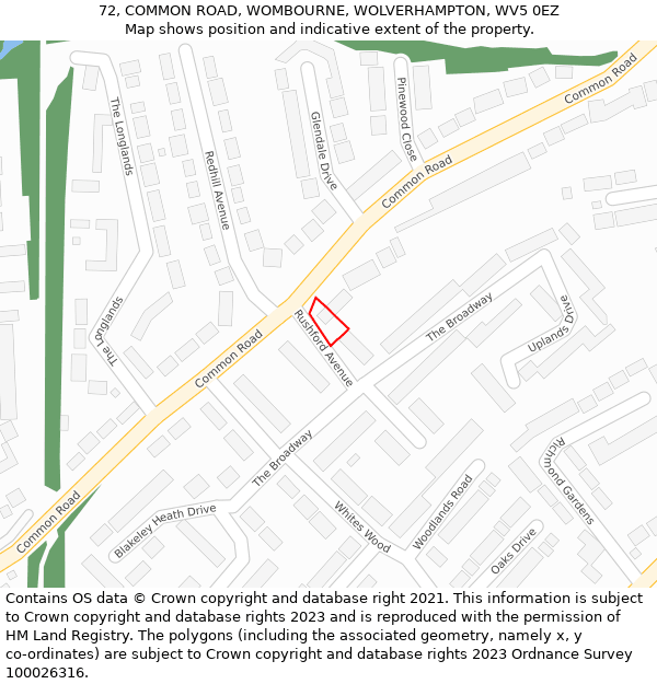 72, COMMON ROAD, WOMBOURNE, WOLVERHAMPTON, WV5 0EZ: Location map and indicative extent of plot