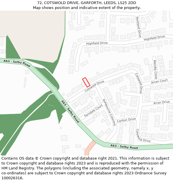 72, COTSWOLD DRIVE, GARFORTH, LEEDS, LS25 2DD: Location map and indicative extent of plot