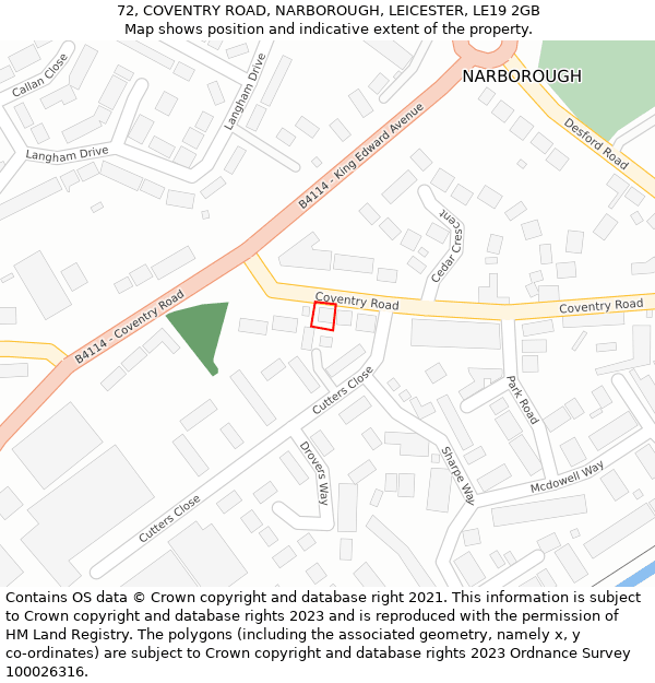72, COVENTRY ROAD, NARBOROUGH, LEICESTER, LE19 2GB: Location map and indicative extent of plot