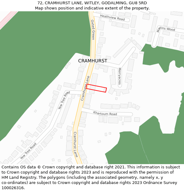 72, CRAMHURST LANE, WITLEY, GODALMING, GU8 5RD: Location map and indicative extent of plot