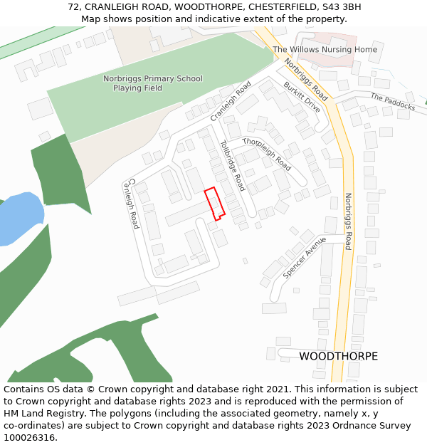 72, CRANLEIGH ROAD, WOODTHORPE, CHESTERFIELD, S43 3BH: Location map and indicative extent of plot