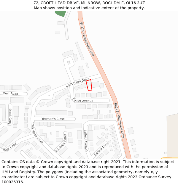 72, CROFT HEAD DRIVE, MILNROW, ROCHDALE, OL16 3UZ: Location map and indicative extent of plot