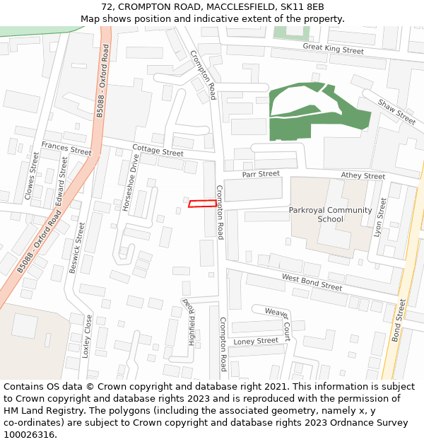 72, CROMPTON ROAD, MACCLESFIELD, SK11 8EB: Location map and indicative extent of plot
