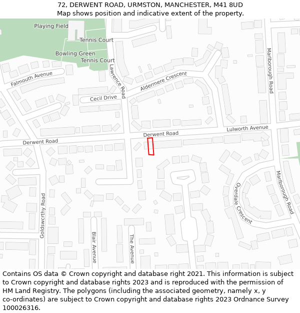 72, DERWENT ROAD, URMSTON, MANCHESTER, M41 8UD: Location map and indicative extent of plot