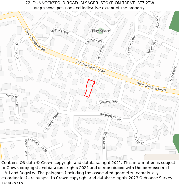 72, DUNNOCKSFOLD ROAD, ALSAGER, STOKE-ON-TRENT, ST7 2TW: Location map and indicative extent of plot