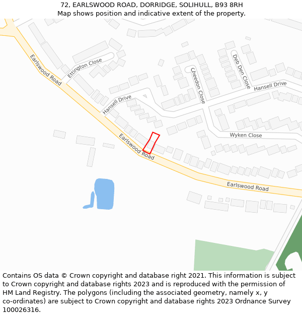 72, EARLSWOOD ROAD, DORRIDGE, SOLIHULL, B93 8RH: Location map and indicative extent of plot