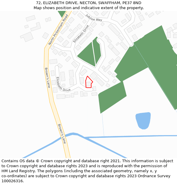 72, ELIZABETH DRIVE, NECTON, SWAFFHAM, PE37 8ND: Location map and indicative extent of plot