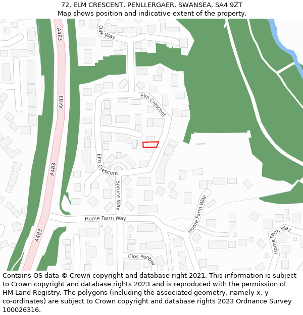 72, ELM CRESCENT, PENLLERGAER, SWANSEA, SA4 9ZT: Location map and indicative extent of plot