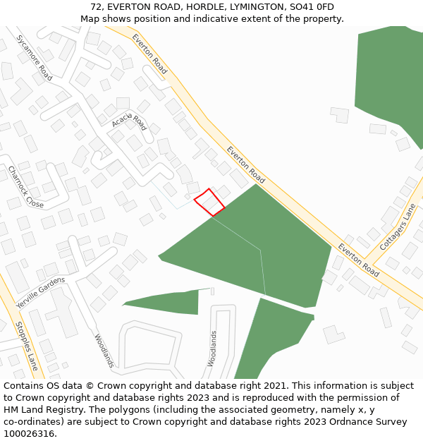 72, EVERTON ROAD, HORDLE, LYMINGTON, SO41 0FD: Location map and indicative extent of plot