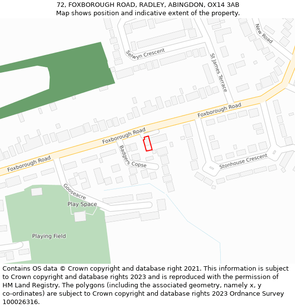 72, FOXBOROUGH ROAD, RADLEY, ABINGDON, OX14 3AB: Location map and indicative extent of plot