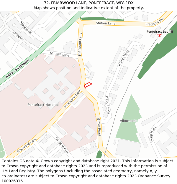 72, FRIARWOOD LANE, PONTEFRACT, WF8 1DX: Location map and indicative extent of plot