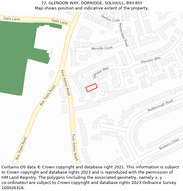 72, GLENDON WAY, DORRIDGE, SOLIHULL, B93 8SY: Location map and indicative extent of plot