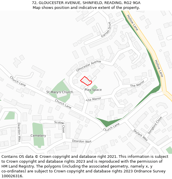 72, GLOUCESTER AVENUE, SHINFIELD, READING, RG2 9GA: Location map and indicative extent of plot