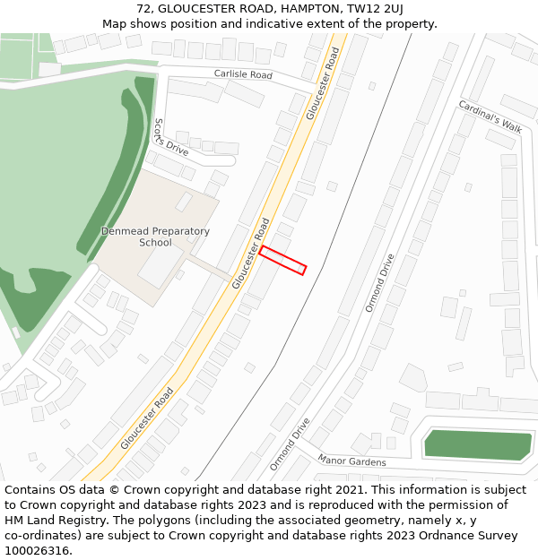 72, GLOUCESTER ROAD, HAMPTON, TW12 2UJ: Location map and indicative extent of plot