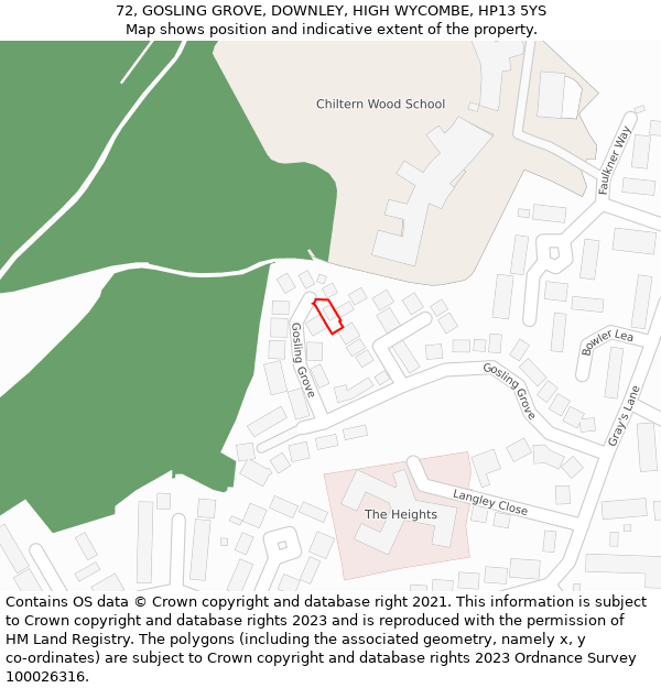 72, GOSLING GROVE, DOWNLEY, HIGH WYCOMBE, HP13 5YS: Location map and indicative extent of plot