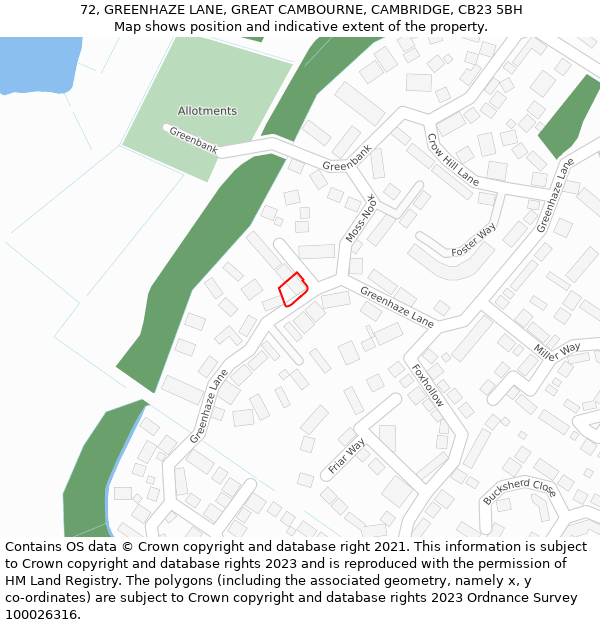 72, GREENHAZE LANE, GREAT CAMBOURNE, CAMBRIDGE, CB23 5BH: Location map and indicative extent of plot