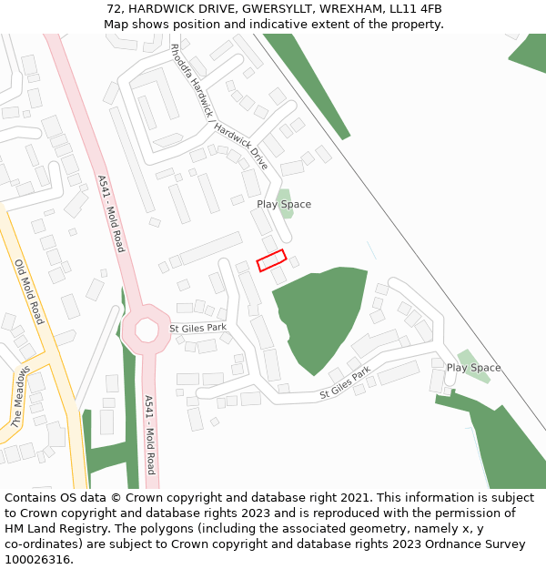 72, HARDWICK DRIVE, GWERSYLLT, WREXHAM, LL11 4FB: Location map and indicative extent of plot