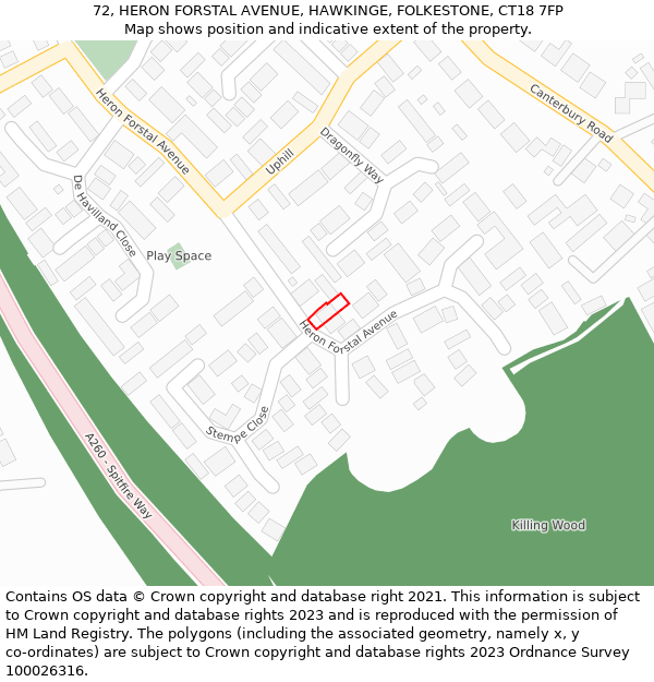 72, HERON FORSTAL AVENUE, HAWKINGE, FOLKESTONE, CT18 7FP: Location map and indicative extent of plot