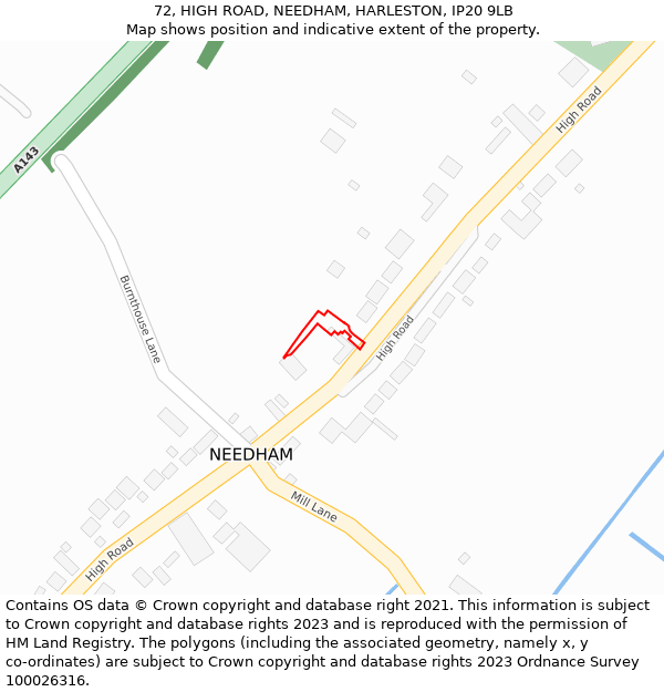 72, HIGH ROAD, NEEDHAM, HARLESTON, IP20 9LB: Location map and indicative extent of plot