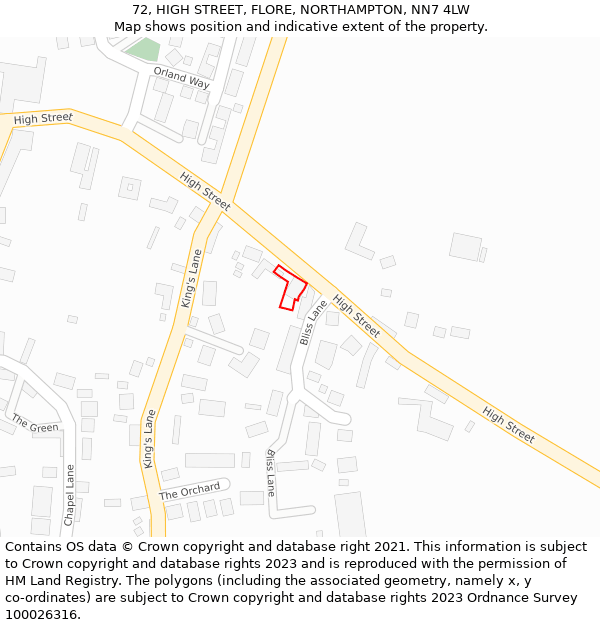 72, HIGH STREET, FLORE, NORTHAMPTON, NN7 4LW: Location map and indicative extent of plot