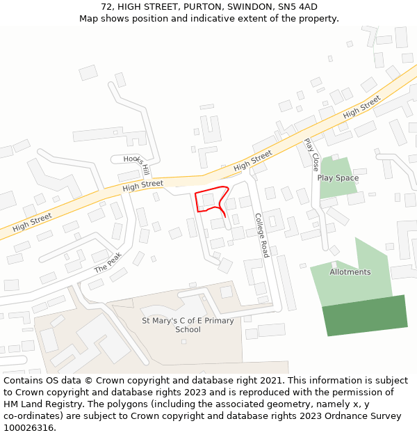 72, HIGH STREET, PURTON, SWINDON, SN5 4AD: Location map and indicative extent of plot