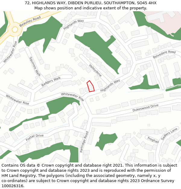 72, HIGHLANDS WAY, DIBDEN PURLIEU, SOUTHAMPTON, SO45 4HX: Location map and indicative extent of plot