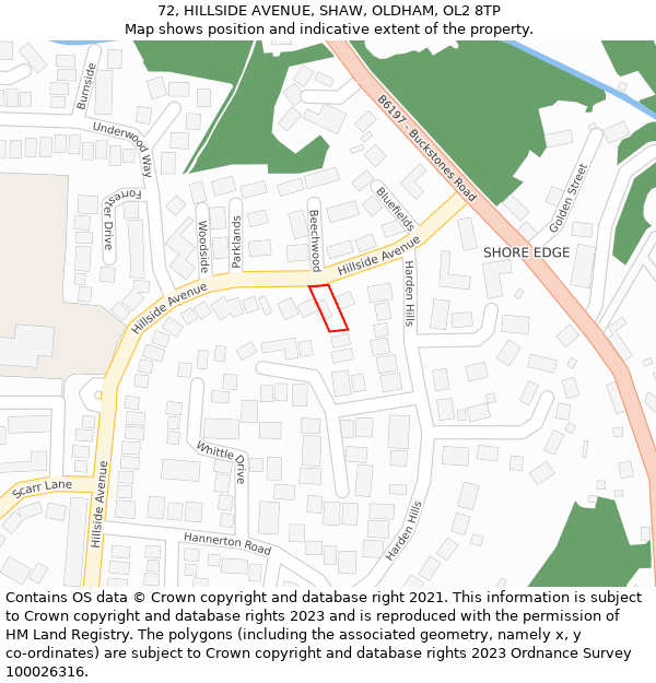 72, HILLSIDE AVENUE, SHAW, OLDHAM, OL2 8TP: Location map and indicative extent of plot